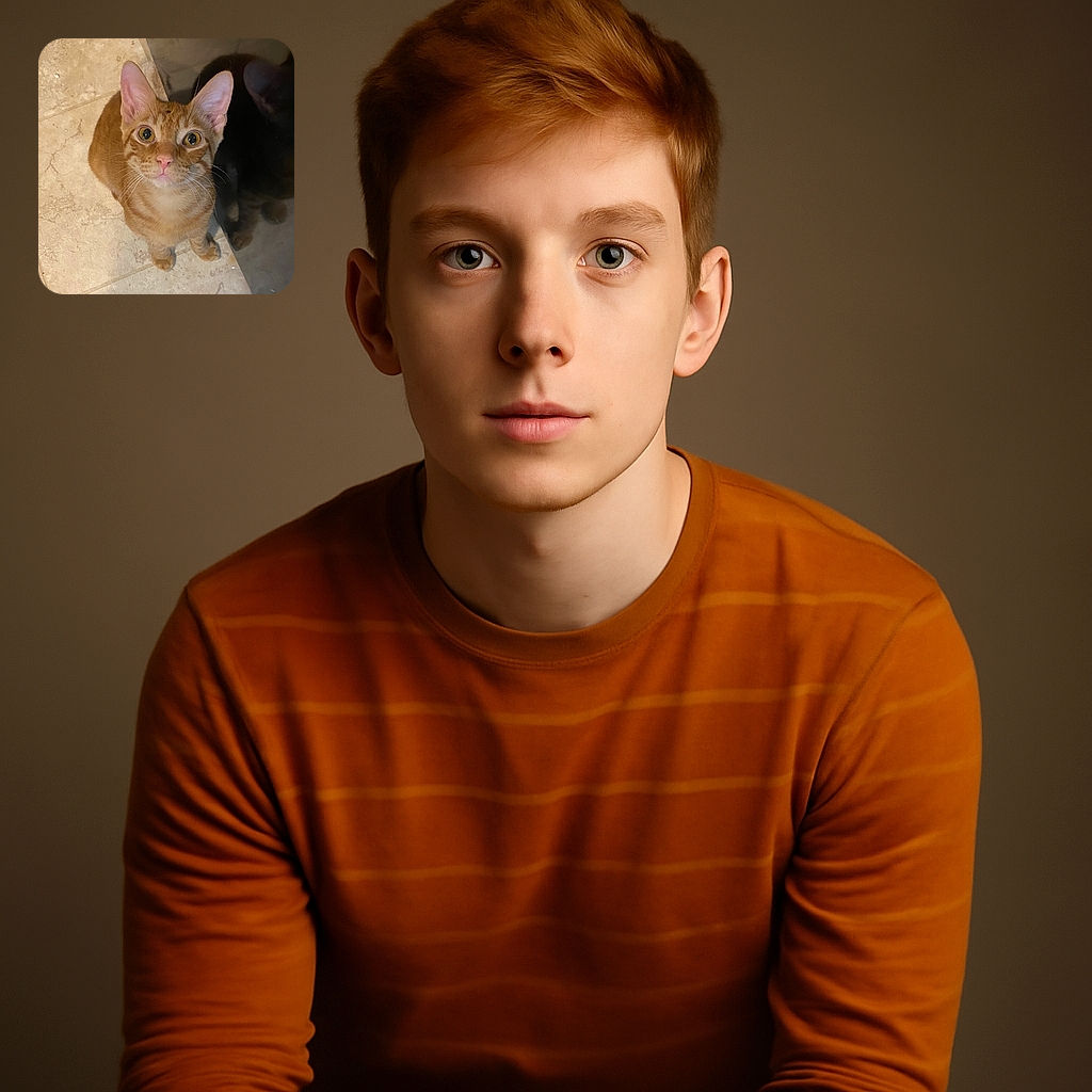 An attentive orange tabby cat looks up with wide, curious eyes, sitting on a tiled floor next to a dark reflective surface that shows a shadowy outline of another cat.