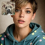 A close-up portrait of a curious dog with soulful eyes and a brindle coat, wearing a colorful outfit, looking directly at the camera with a soft blurred background.