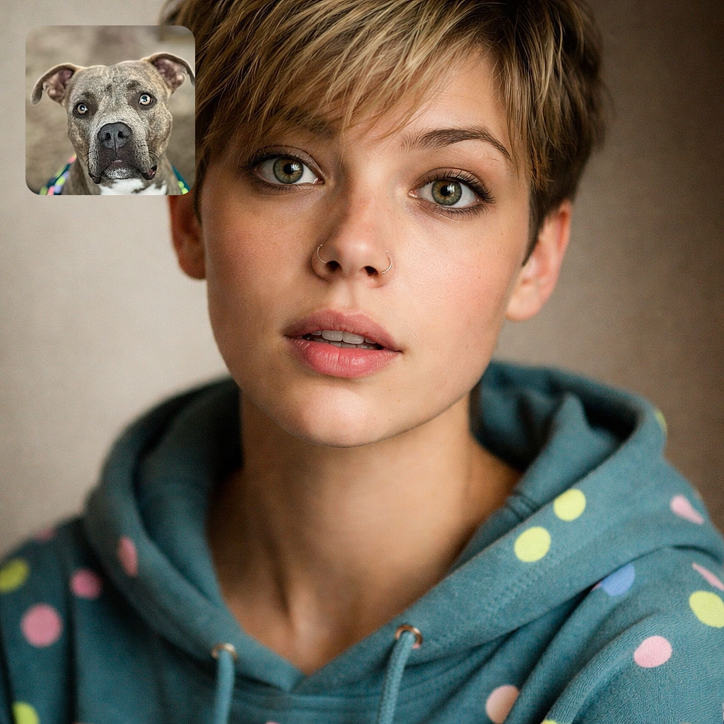 A close-up portrait of a curious dog with soulful eyes and a brindle coat, wearing a colorful outfit, looking directly at the camera with a soft blurred background.