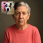 A curious black and white dog wearing a pink sweater looks up with big, soulful eyes on a tiled floor with a blue pet bowl in the background, capturing a candid moment of pet charm.