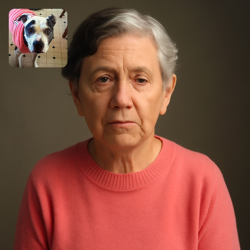 A curious black and white dog wearing a pink sweater looks up with big, soulful eyes on a tiled floor with a blue pet bowl in the background, capturing a candid moment of pet charm.