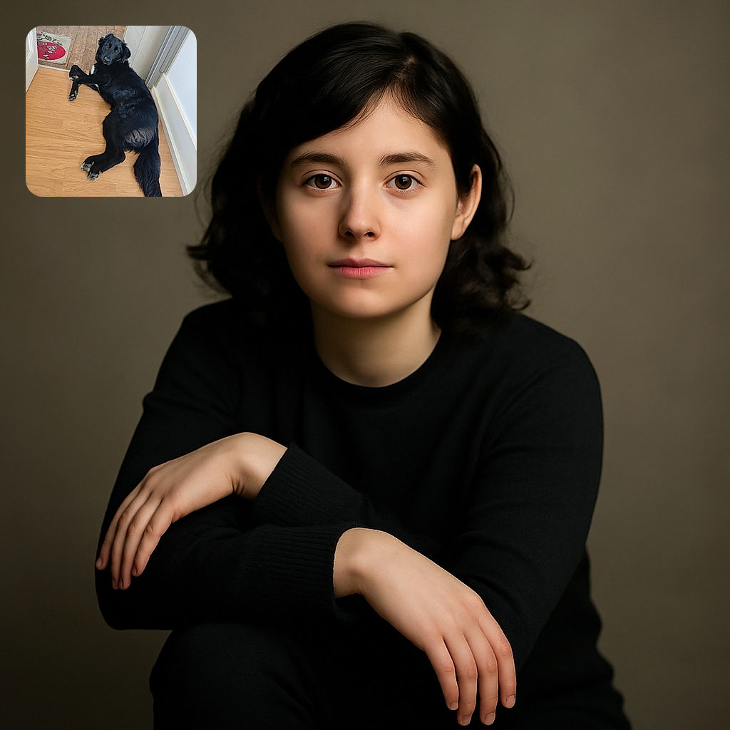 A sleek black dog lounges on a wooden floor, looking back with a curious and slightly guilty expression, as if caught mid-nap or mid-mischief near the doorway with a cozy rug peeking in the background.