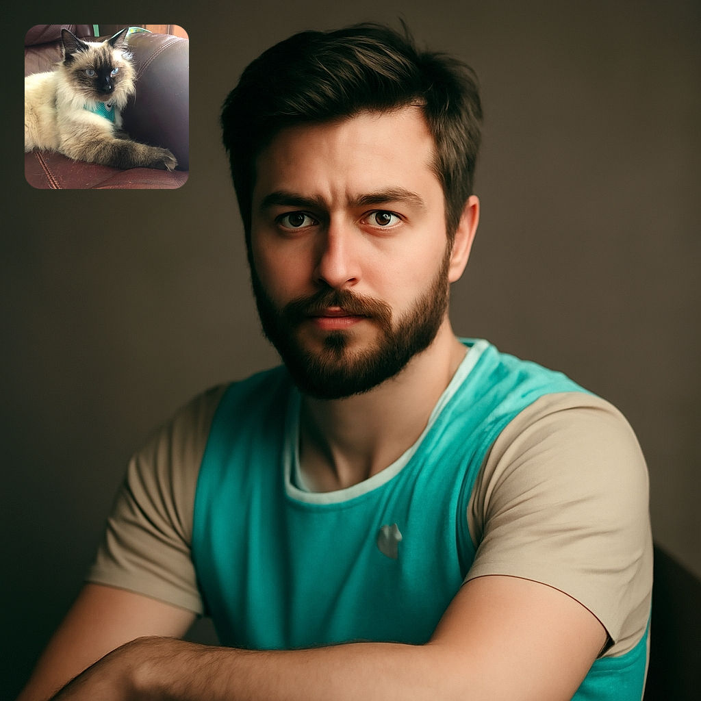 A fluffy cat with striking blue eyes lounges comfortably on a worn leather chair, wearing a bright blue harness that adds a pop of color to the cozy indoor setting.