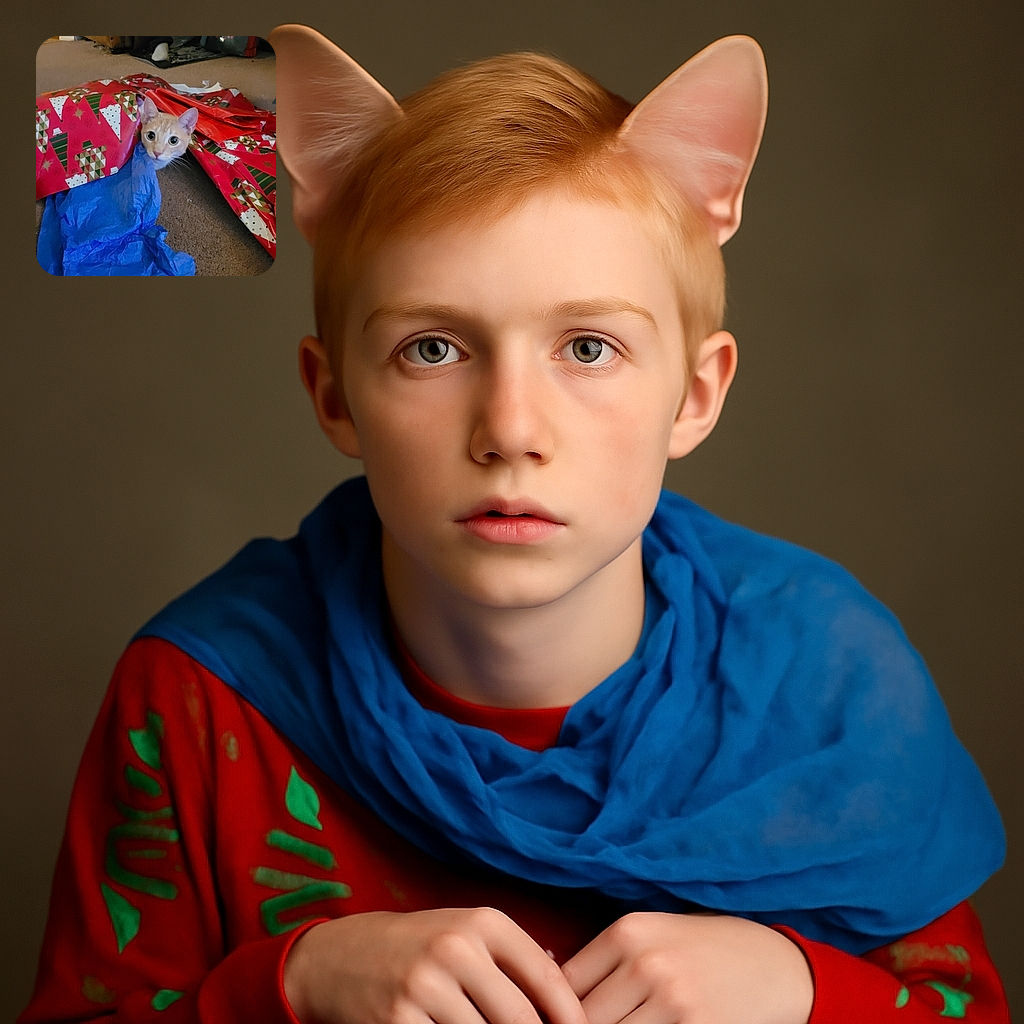 A curious orange tabby cat peeks out wide-eyed from beneath a pile of colorful Christmas wrapping paper and blue tissue paper, looking like it just found the best hiding spot ever during holiday chaos.