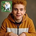 A fluffy Pomeranian dog is sitting on a patch of grass, looking up with bright, curious eyes and a tiny tongue peeking out, giving off a playful and adorable vibe.
