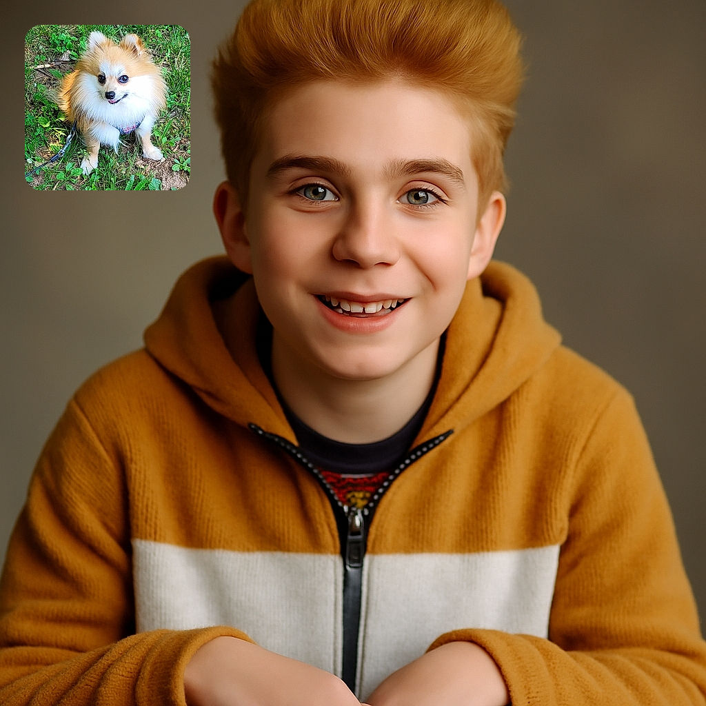 A fluffy Pomeranian dog is sitting on a patch of grass, looking up with bright, curious eyes and a tiny tongue peeking out, giving off a playful and adorable vibe.