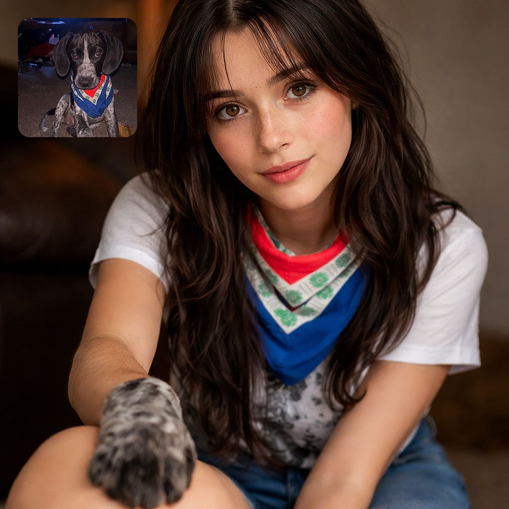 A wide‑eyed, speckled puppy wearing a colorful bandana puts a paw on the camera‑holder like it owns the place — living room lamp glowing in the background, carpet crumbs and a chew toy nearby, and a face full of irresistible puppy pleading.