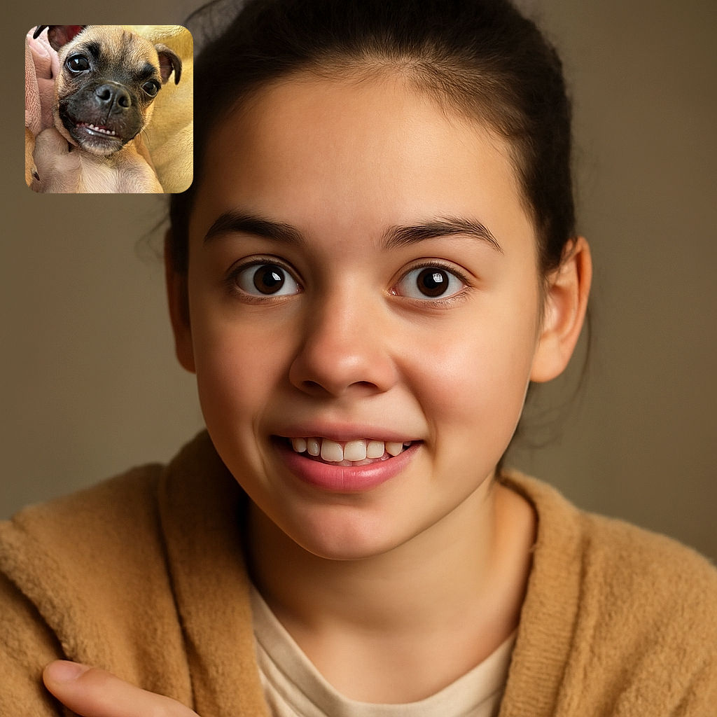 A close-up photo of an adorable puppy lying on soft blankets, showing its tiny teeth in a playful grin. The puppy's large shiny eyes and perky ears add to the cuteness, while the cozy background of pastel blankets makes it look like the perfect snuggle buddy.