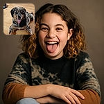 A happy, fluffy puppy with a speckled coat lies on a wooden floor, tongue out in pure joy, with cozy pet beds and toys in the background ready for playtime or nap time.