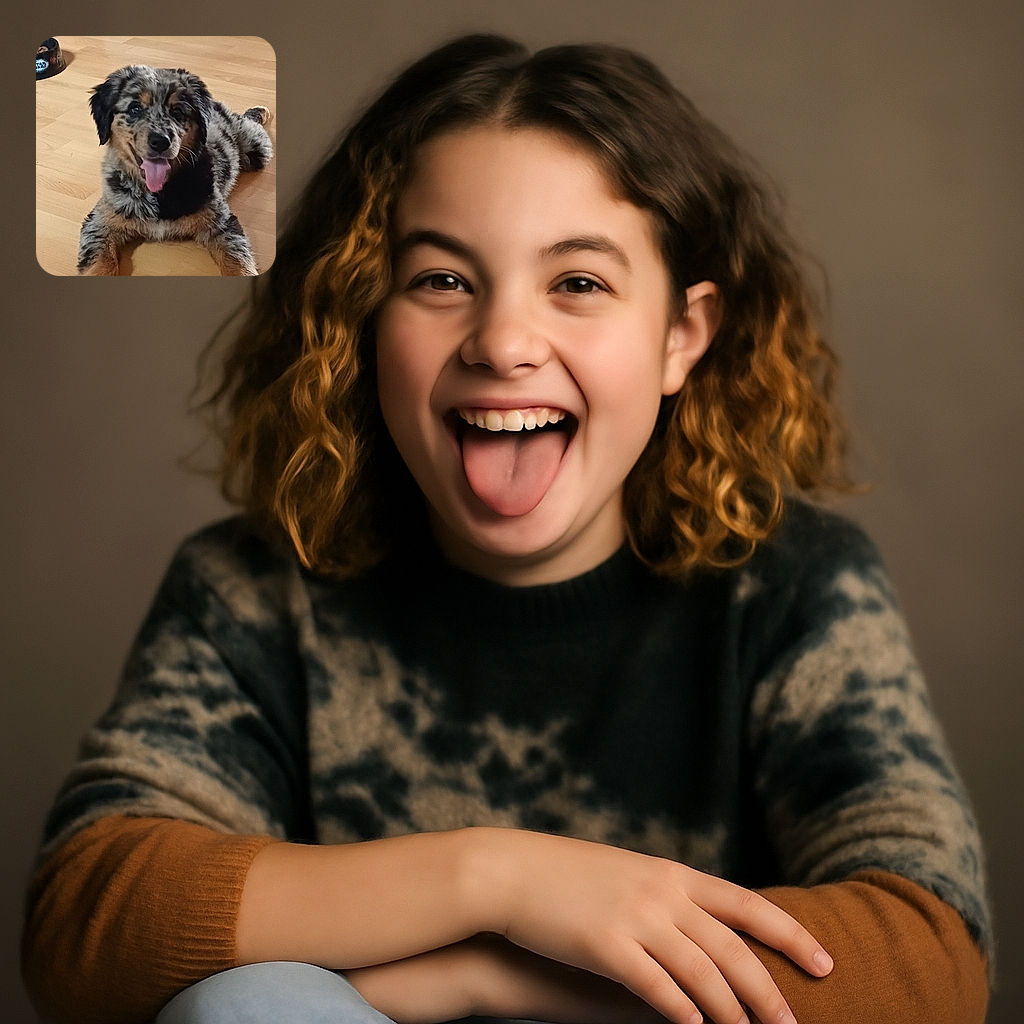 A happy, fluffy puppy with a speckled coat lies on a wooden floor, tongue out in pure joy, with cozy pet beds and toys in the background ready for playtime or nap time.