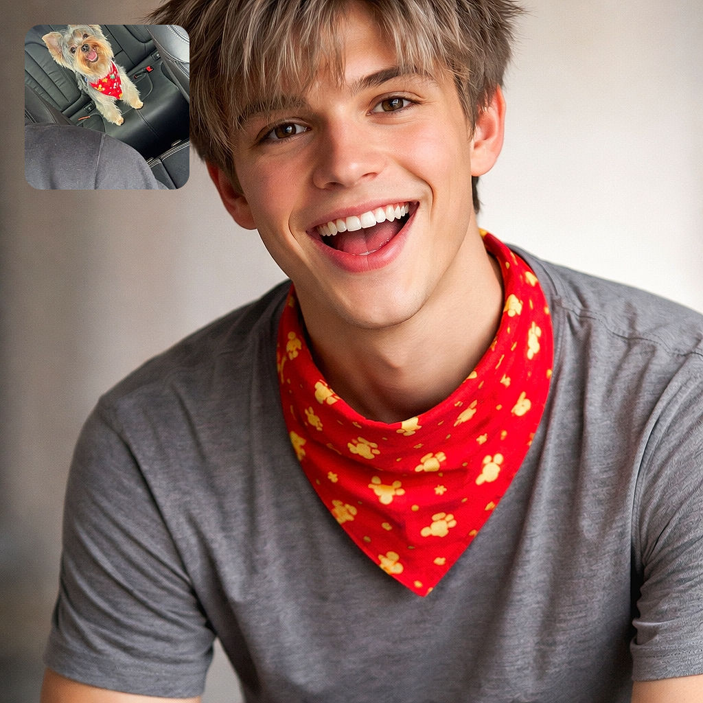 A tiny, ecstatic Yorkshire Terrier wearing a festive red bandana sits proudly on a leather car backseat, tongue out and eyes sparkling like it just told a hilarious joke. The pup's fluff and perky ears steal the show while the car interior provides a sleek, monochrome backdrop — a perfect smug-road-trip vibe.
