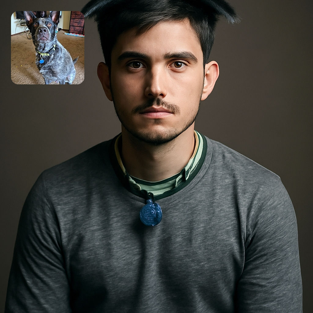 A sharply focused dog with large, attentive ears and a curious gaze sits indoors on a carpet, wearing a collar with a blue tag. The background shows a TV, a small table, and a dresser, giving a cozy home vibe.