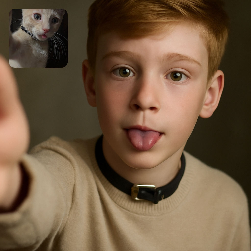 A curious light orange kitten with big eyes and a tiny pink tongue sticking out, taking a close-up selfie with a slightly blurred paw reaching towards the camera in a dimly lit setting.