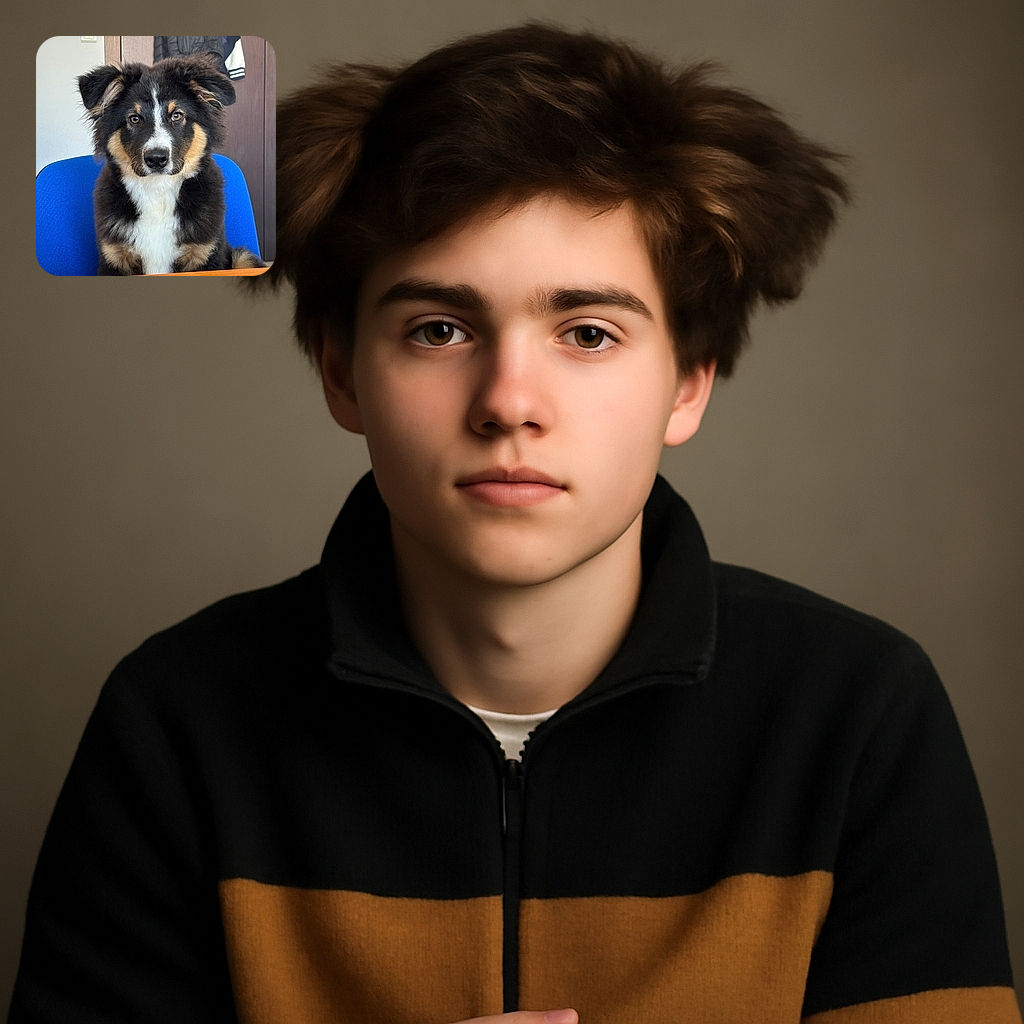 A fluffy tricolor puppy sits attentively on a blue chair behind a wooden desk, looking straight into the camera with soulful eyes. The background shows a coat hanging on a wooden door, adding a cozy indoor vibe.