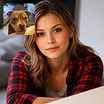 A serious-looking pitbull leans over a ledge as if demanding snacks or an explanation. Close-up of its expressive eyes, big nose and plaid bandana with a cozy bed and tiled floor in the background — equal parts adorable and mildly accusatory.