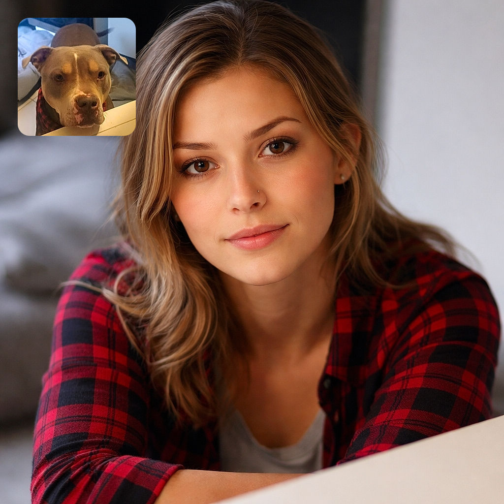 A serious-looking pitbull leans over a ledge as if demanding snacks or an explanation. Close-up of its expressive eyes, big nose and plaid bandana with a cozy bed and tiled floor in the background — equal parts adorable and mildly accusatory.