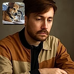 A thoughtful dog lounges comfortably on a soft surface, gazing off to the side with a calm and gentle expression. The background shows a chair and a textured wall, giving a cozy, everyday vibe.