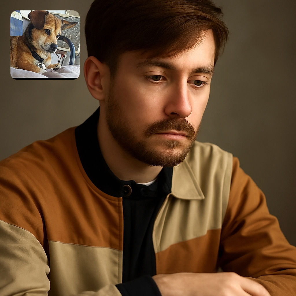A thoughtful dog lounges comfortably on a soft surface, gazing off to the side with a calm and gentle expression. The background shows a chair and a textured wall, giving a cozy, everyday vibe.