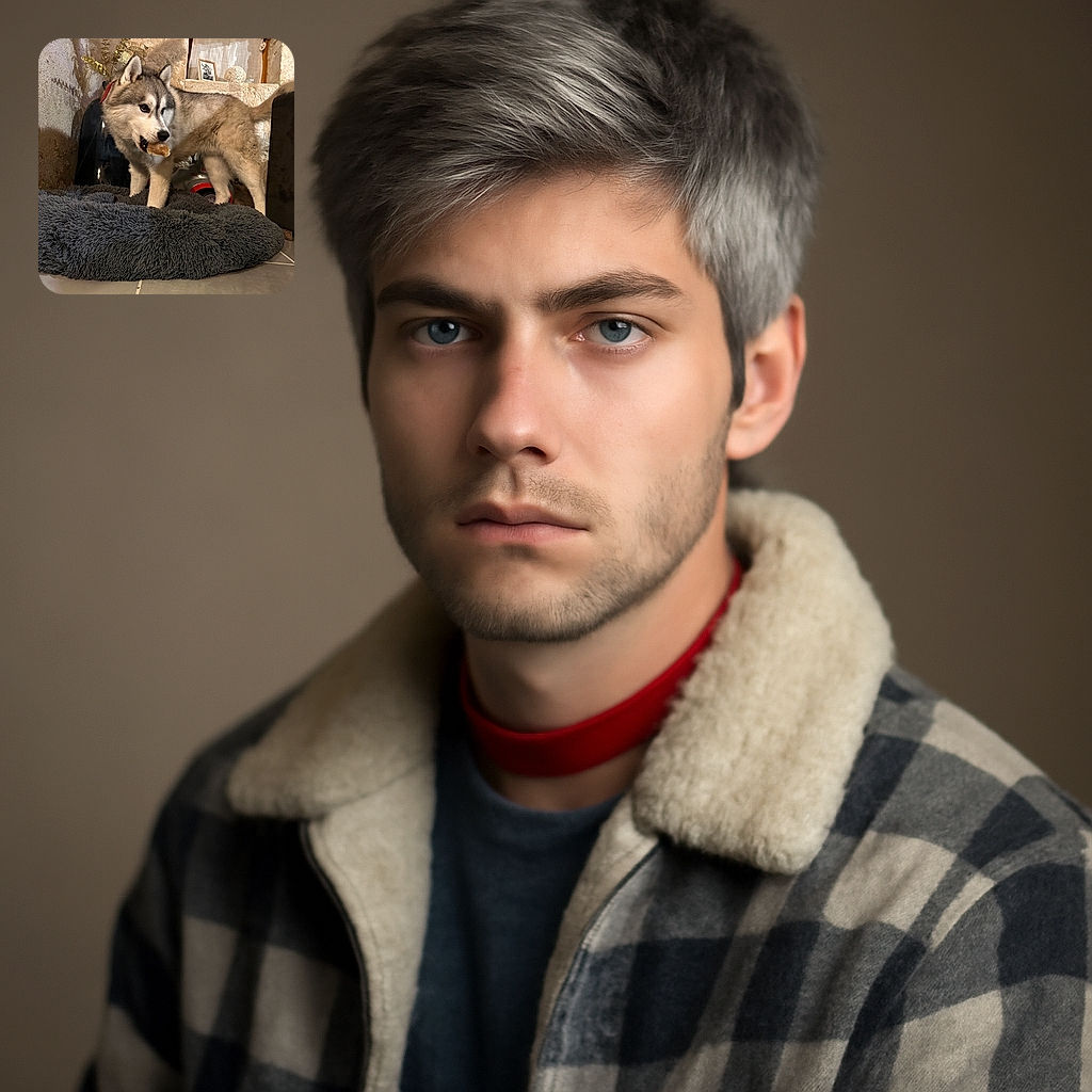 A fluffy husky stands proudly on a plush gray dog bed, clutching a treat in its mouth, with a cozy rustic room in the background featuring textured walls, decorative plants, and framed photos.
