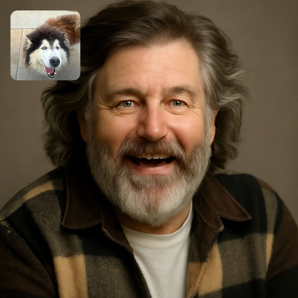 A fluffy dog with a mix of black, white, and brown fur looks up happily with its tongue out, standing on a concrete sidewalk with grass in the background. The dog's joyful expression and bright eyes make it a heartwarming candid moment.