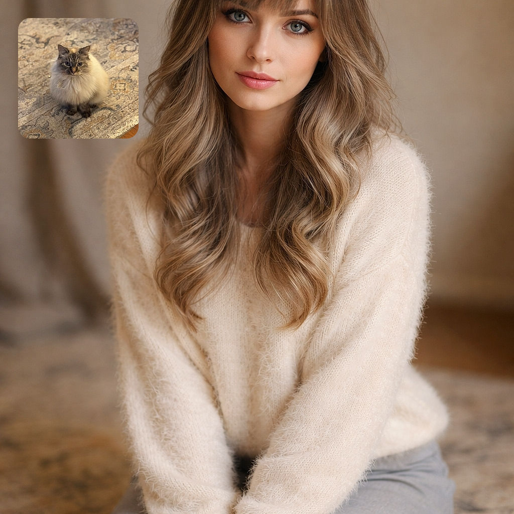 A fluffy, regal-looking cat sits patiently on an intricately patterned carpet, its soft fur glowing warmly in gentle indoor light, giving off an aura of cozy elegance and feline wisdom.