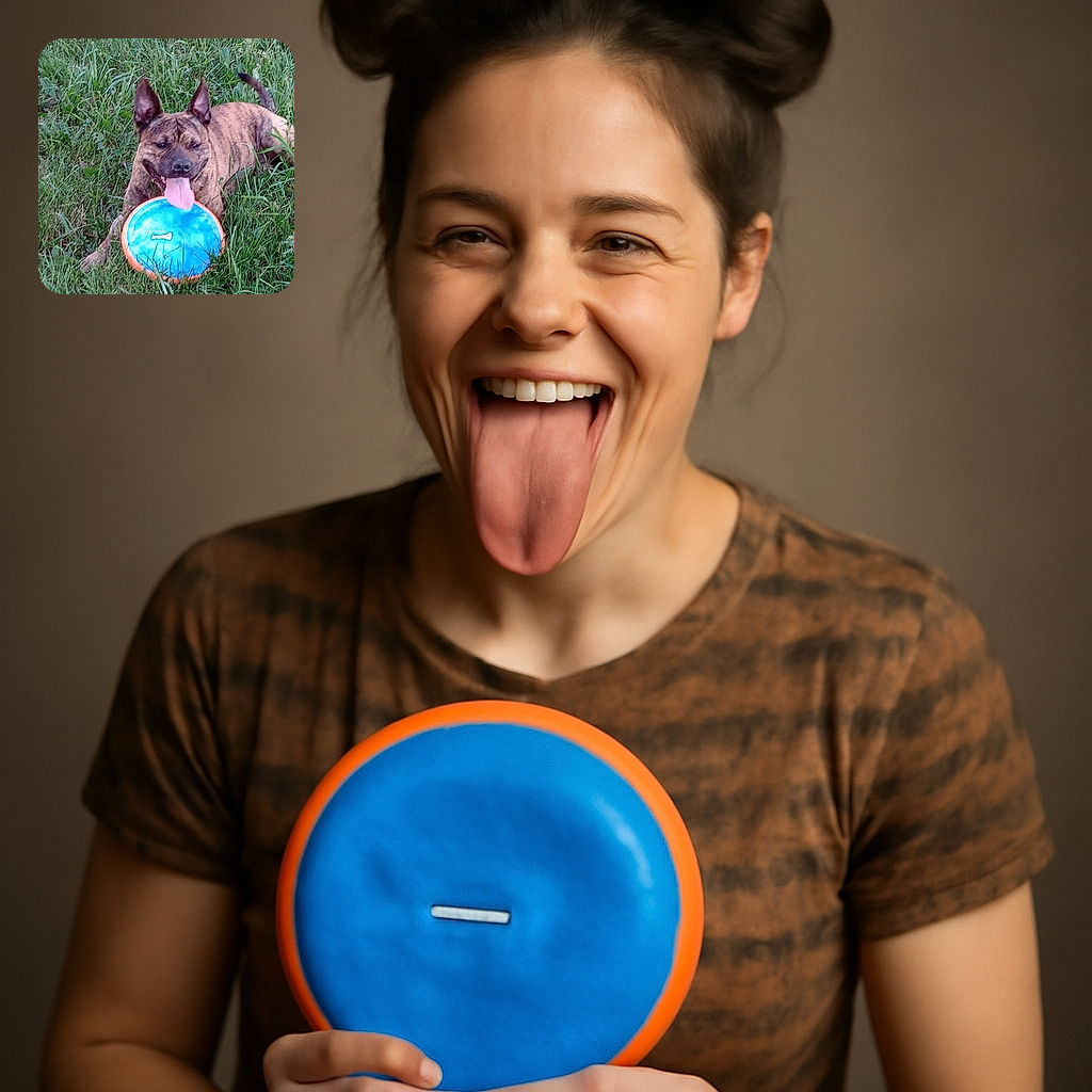 A happy brindle dog is lying in the grass with its tongue out, proudly clutching a bright blue and orange frisbee, ready for more playtime adventures.