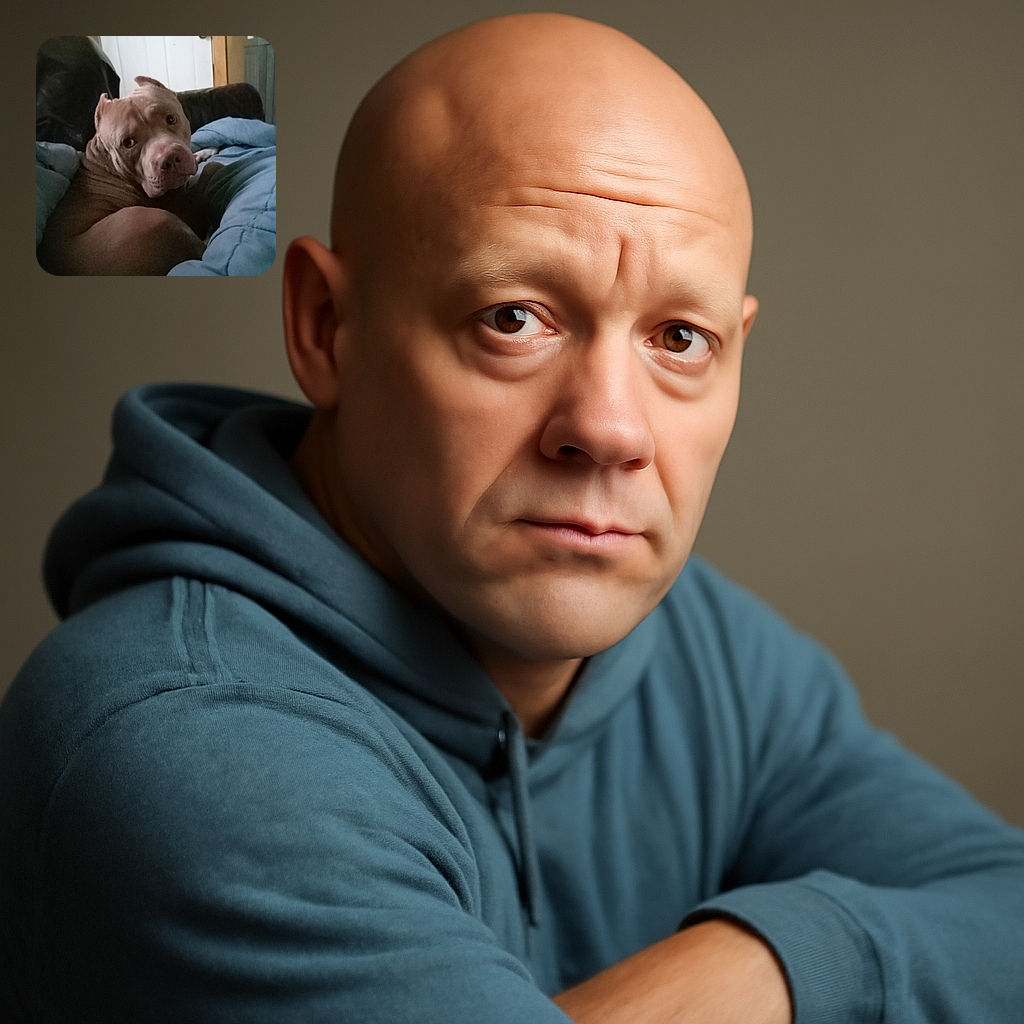 A cozy brown dog lounges on a blue blanket, giving the camera a soulful, slightly inquisitive look as if caught mid-thought during a lazy day indoors.