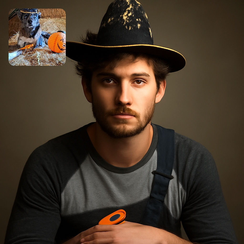A striking dog with mesmerizing blue eyes lounges on a bed of hay, sporting a whimsical witch hat adorned with stars and moons. Next to the dog is a bright orange pumpkin lantern with a jack-o'-lantern face, setting a playful Halloween scene in a rustic barn.