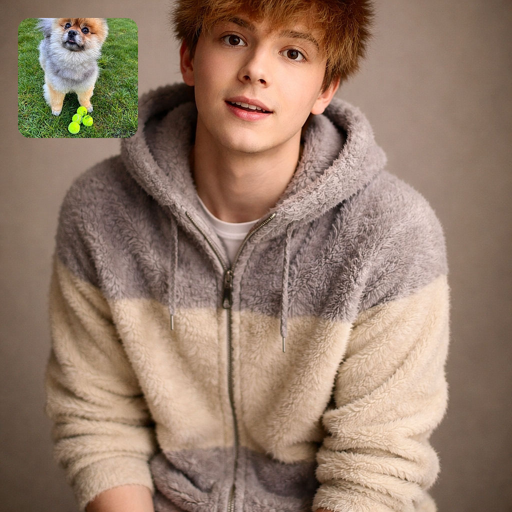 A fluffy Pomeranian stands on lush green grass with a curious expression, its little tongue peeking out as it poses next to a neat pile of bright yellow tennis balls, ready for a playful game.