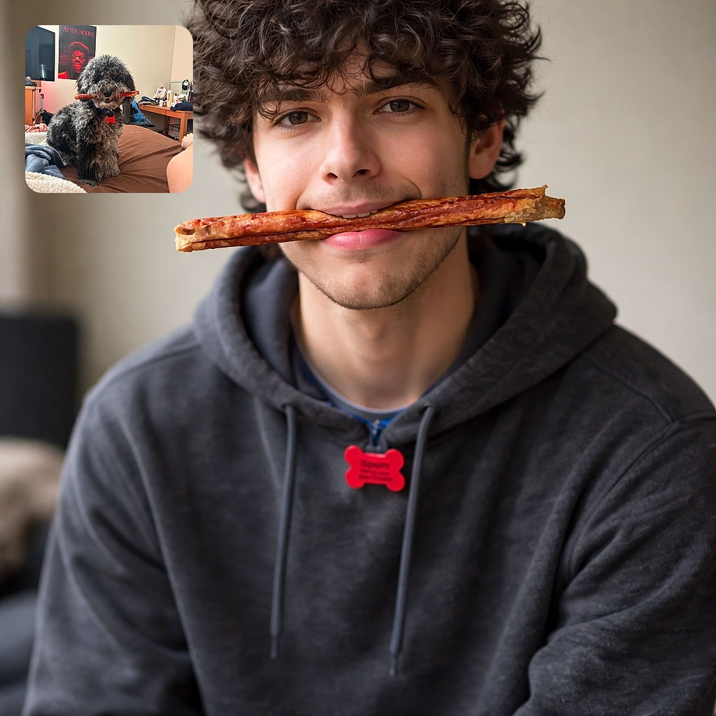 A proud, curly-haired dog sits on a bed holding a long bacon strip like a championship trophy, fur obscuring most of its eyes and a red tag bobbing on its collar. The cozy bedroom behind it has a poster on the wall, a TV, a cluttered desk with a mirror and toiletries, and a backpack — the dog clearly staged this heist and demands applause (and maybe another treat).