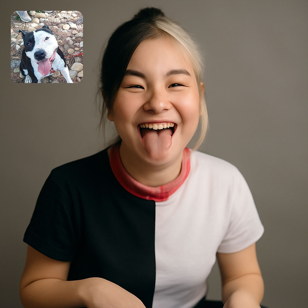 A happy black and white dog sitting on a rocky ground with its tongue out, looking up at the camera with a joyful expression. In the background, a person's legs and shoes are visible, standing on the same rocky terrain.