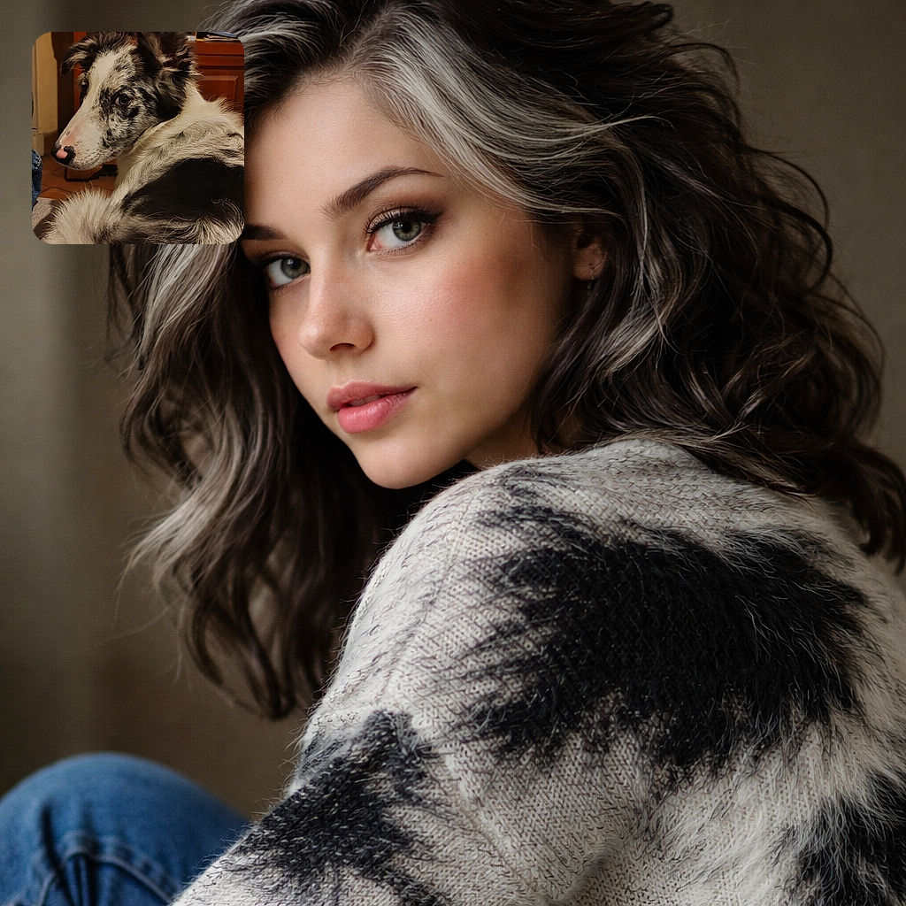 A merle border collie gives a dramatic over-the-shoulder glare like it just heard you say 'walk' — soulful eye, pink-tipped nose, and luxurious swirls of fur steal the scene while a wooden cabinet and cozy living-room clutter quietly judge from the background.