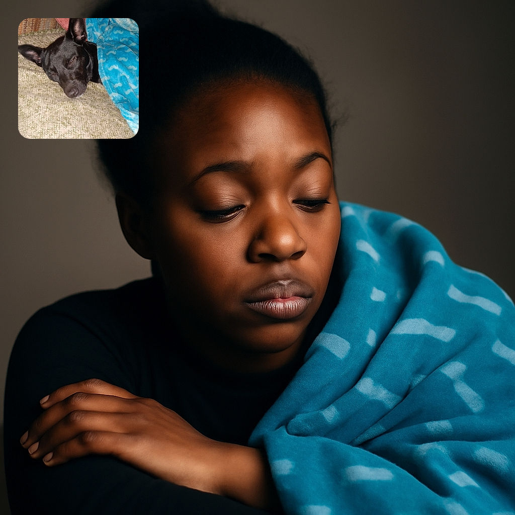 A cozy black dog snugly wrapped in a blue blanket with white patterns, peacefully napping on a textured cushion. The warm, homely setting invites a sense of calm and comfort.