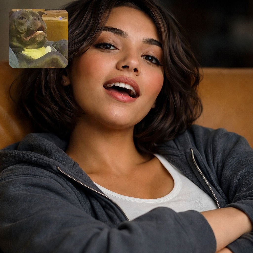 A goofy brindle dog lounging on a couch with a half-open, toothy grin and a human arm tucked under it — looks like it just told a joke and is waiting for applause. Warm, grainy indoor shot with shelves and bottles blurred in the background.