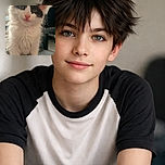 A fluffy black and white kitten with bright pink nose and big curious eyes sits adorably on a dark fabric surface, looking straight at the camera with an innocent and slightly inquisitive expression. The background is softly blurred, highlighting the kitten's soft fur and delicate whiskers.