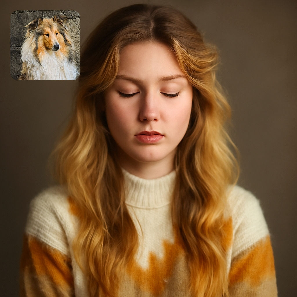 A majestic fluffy dog, possibly a Rough Collie, poses serenely against a rustic stone wall, its thick fur glowing warmly in natural light while it looks thoughtfully into the distance.