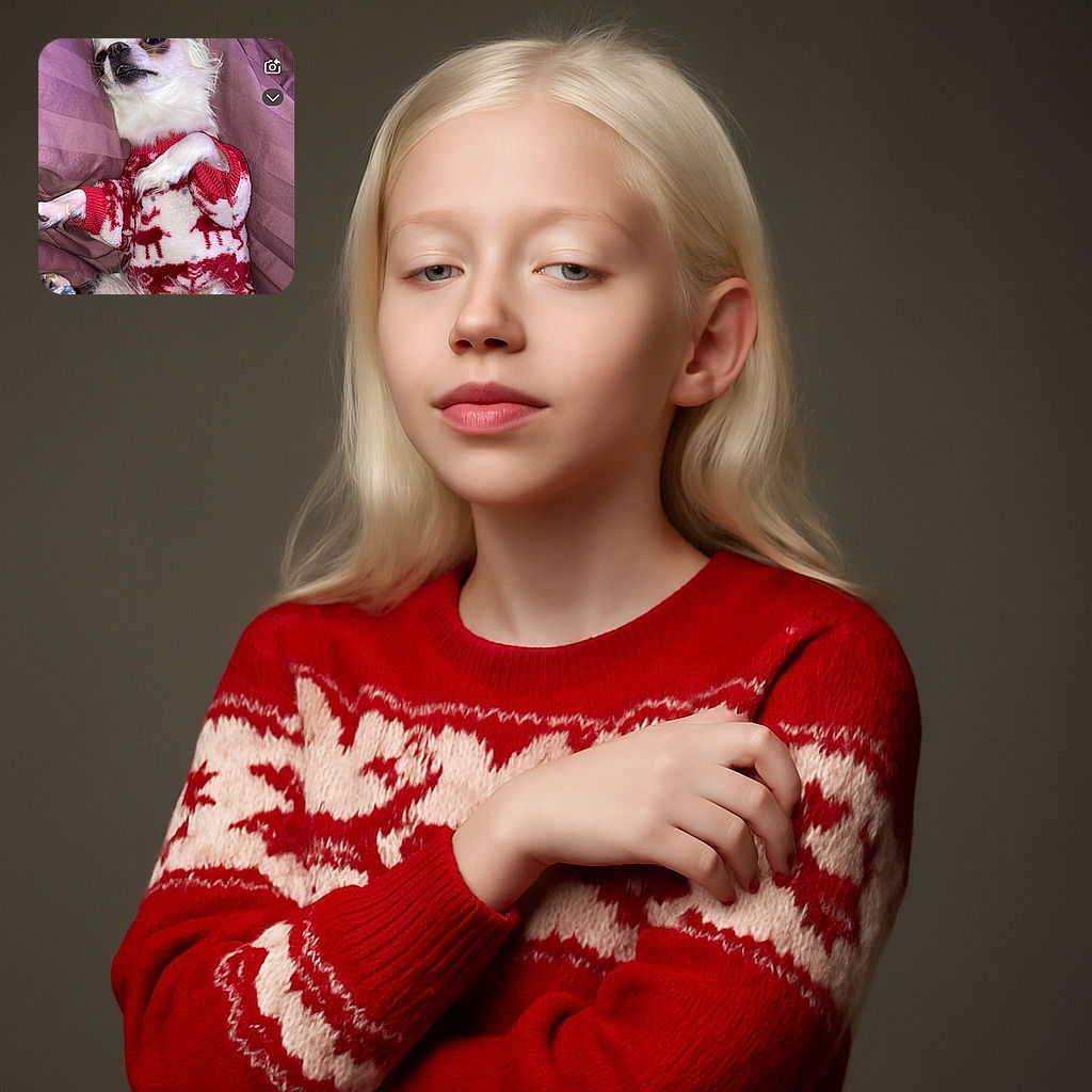 A small white dog dressed in a cozy red and white holiday sweater lies comfortably on a purple blanket. The dog looks relaxed with a slightly amused expression, as if posing for a festive photo. The image has Snapchat interface elements overlaid, including text and icons.