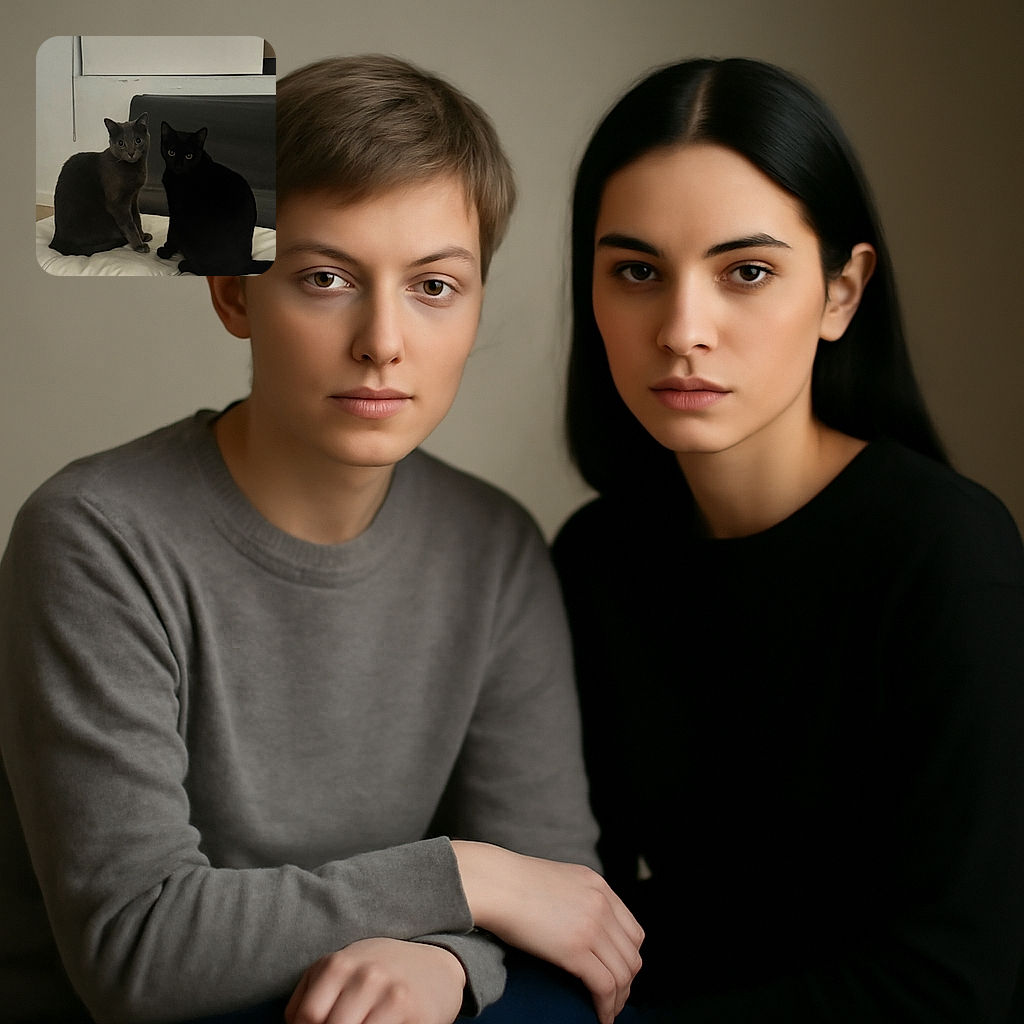 Two cats, one gray and one black, sitting side by side on white cushions looking curiously at the camera with a cozy indoor background.