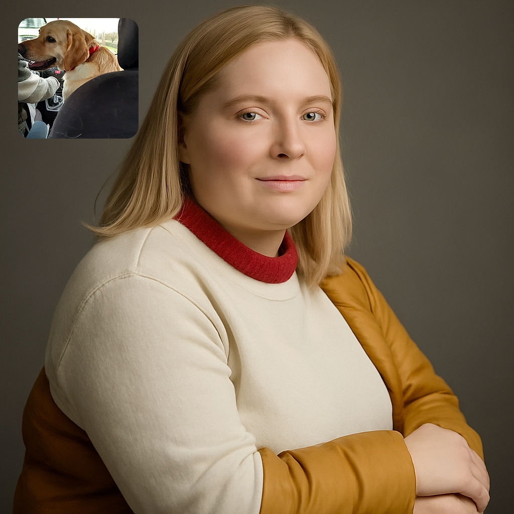 A happy golden retriever with a red collar is sitting in the front passenger seat of a car, looking back with a big smile as if ready to give driving tips. The driver is partially visible, and the car interior adds a cozy vibe to this candid road trip moment.