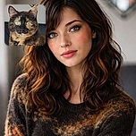 A close-up photo of a tortoiseshell cat with striking green eyes, sitting calmly indoors with a decorative mirror in the background, showing off its beautiful fur patterns.