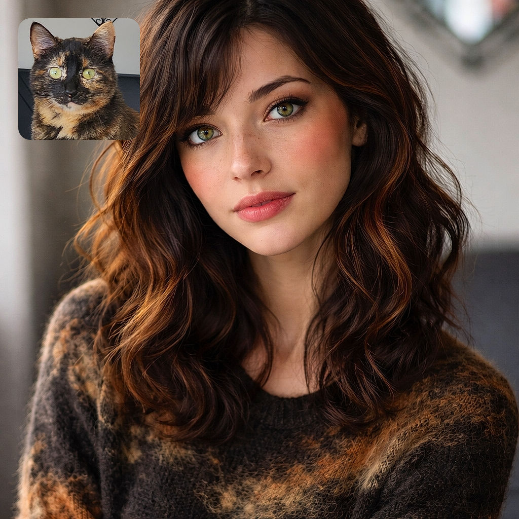 A close-up photo of a tortoiseshell cat with striking green eyes, sitting calmly indoors with a decorative mirror in the background, showing off its beautiful fur patterns.