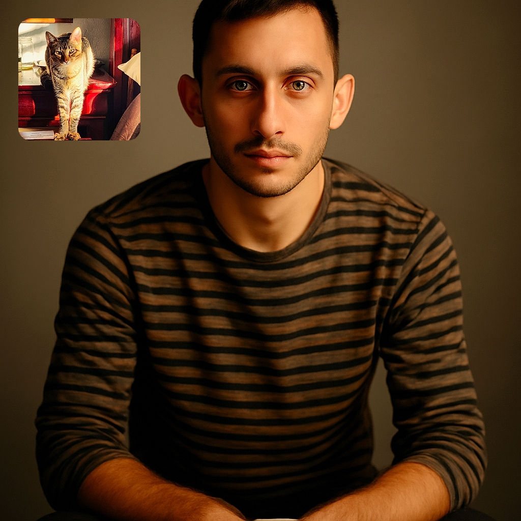 A regal tabby cat basks in the warm glow of sunlight while perched elegantly on a wooden dresser drawer, casting a serious yet curious gaze at the camera. The cozy bedroom setting with soft shadows and a framed picture adds a homey charm.