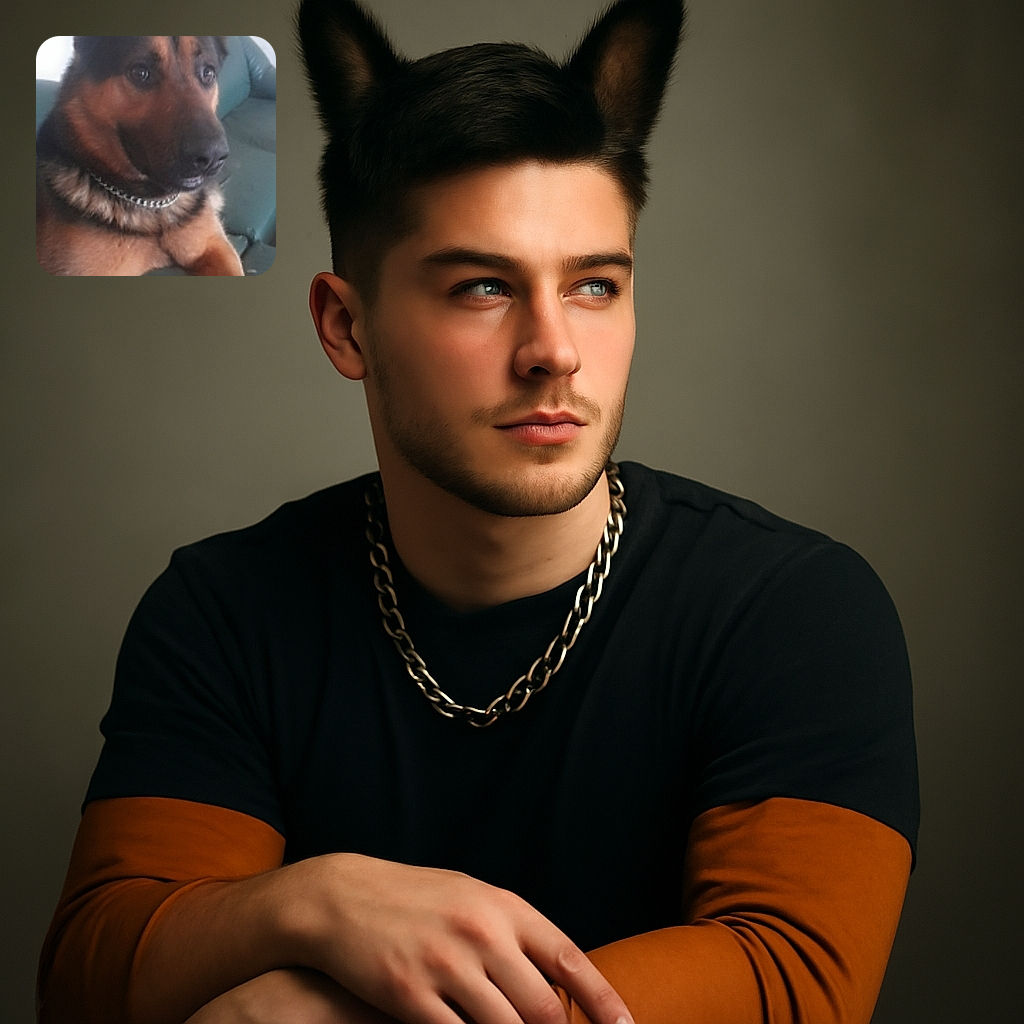 A close-up photo of a German Shepherd dog sitting on a green couch, looking attentively off to the side. The image has a slightly blurry quality and features a circular emoji sticker with a smiling face and sparkles in the bottom center.