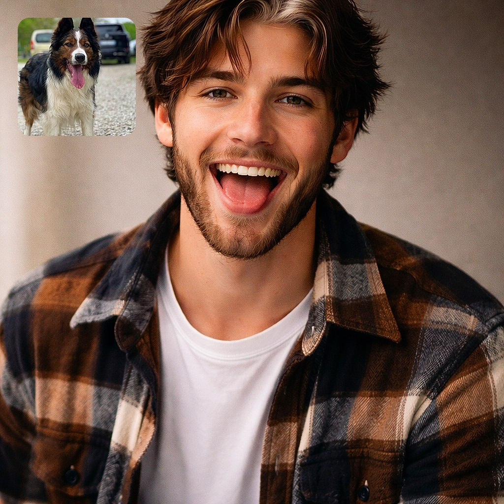 A joyful, panting dog stares straight at the camera with its tongue flopping out like it just won best tail-wag — background cars are politely blurred while the pup soaks up the spotlight.