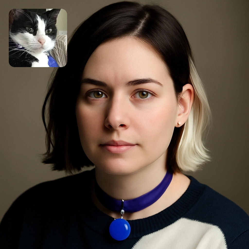 A close-up of a black and white cat with a slightly blurred focus, showing its calm and curious expression, with a blue tag visible on its collar and a cozy indoor background.