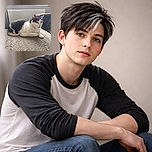 A relaxed black and white cat lounges on a soft textured blanket, looking attentively to the side with wide green eyes. The background shows a radiator and a cat tree, suggesting a cozy indoor setting.