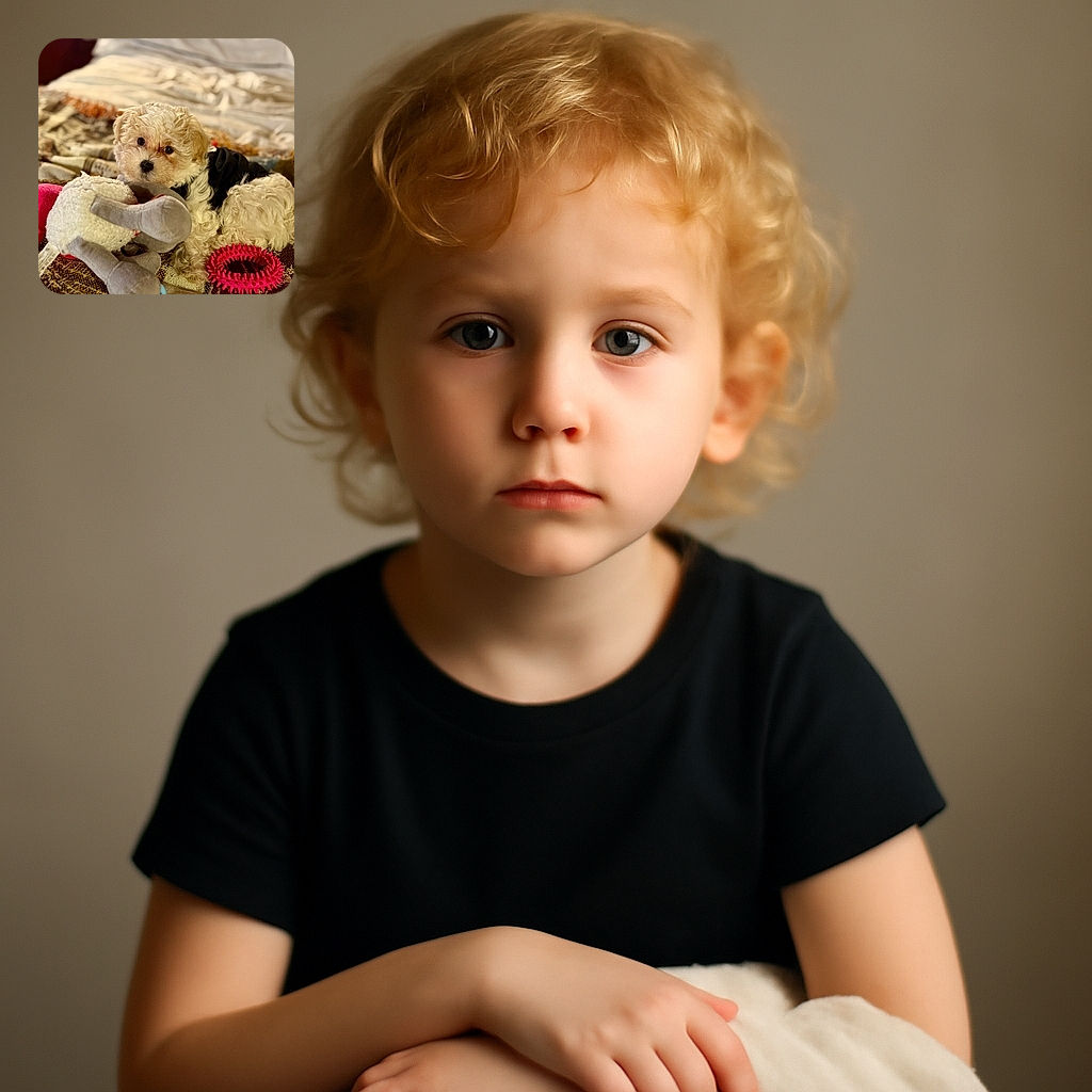 A fluffy cream-colored puppy lounges on a cozy patterned blanket surrounded by colorful toys, gazing curiously at the camera with big, soulful eyes, while the soft background blurs into a warm, inviting bed setting.