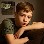 A small gray kitten is lounging on a textured brown cushion with a dark curtain backdrop, looking curiously ahead with its paws stretched out, capturing a cozy and intimate moment.