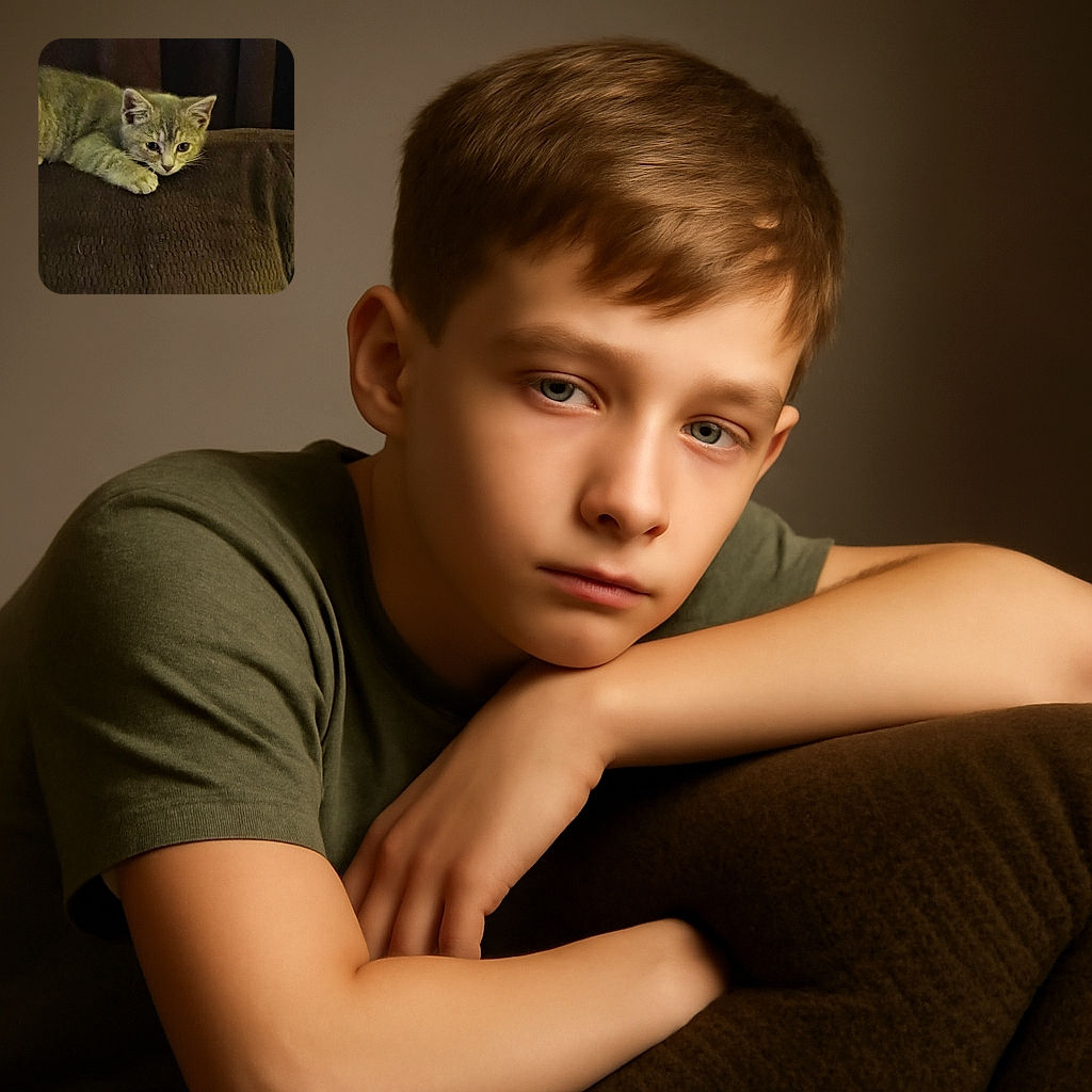 A small gray kitten is lounging on a textured brown cushion with a dark curtain backdrop, looking curiously ahead with its paws stretched out, capturing a cozy and intimate moment.