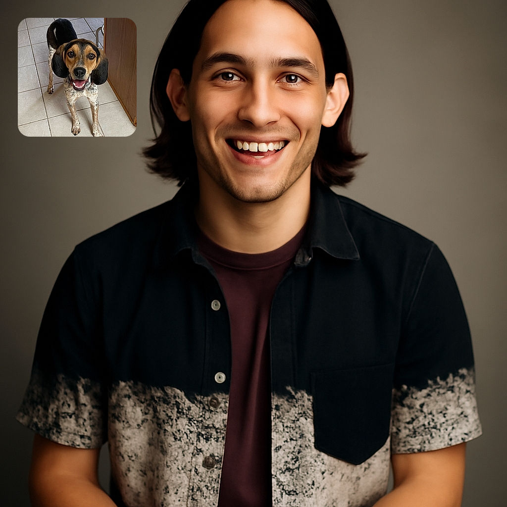 A happy, attentive dog with big floppy ears and a spotted coat stands on a tiled floor looking up with bright, eager eyes and a wide smile, as if ready for a game or a treat.